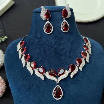 Red Stone Necklace Set, Silver Bridal Jewelry Set, Red Pendant Necklace Earrings 3