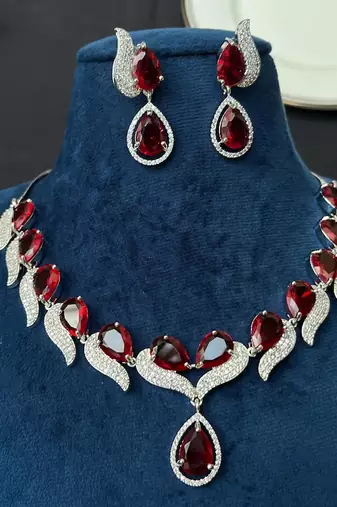 Red Stone Necklace Set, Silver Bridal Jewelry Set, Red Pendant Necklace Earrings