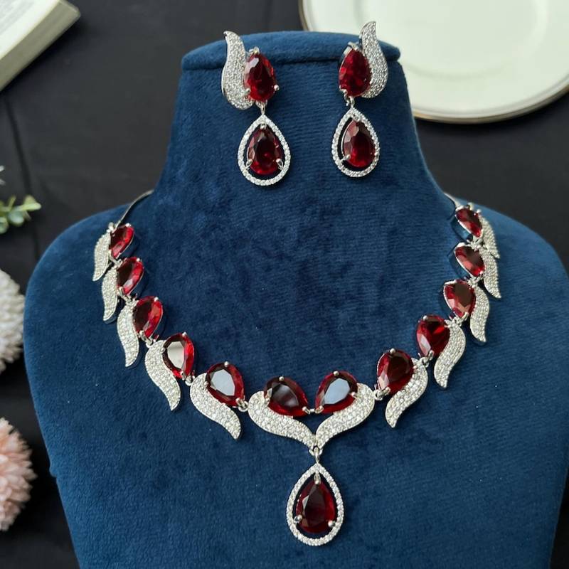 Red Stone Necklace Set, Silver Bridal Jewelry Set, Red Pendant Necklace Earrings