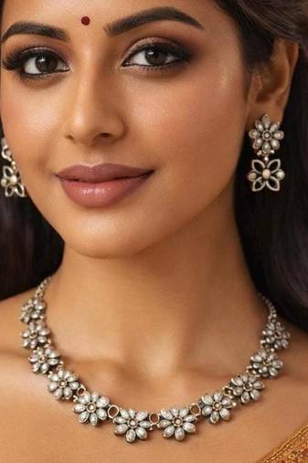 Oxidized Silver Floral Choker Set | Boho Statement Necklace & Earrings