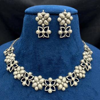 Oxidized Silver Floral Choker Set | Boho Statement Necklace & Earrings 2