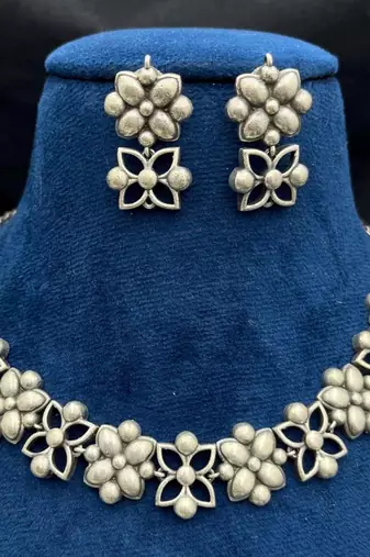 Oxidized Silver Floral Choker Set | Boho Statement Necklace & Earrings