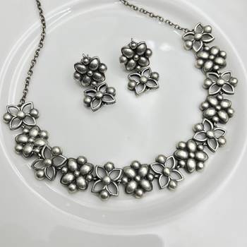 Oxidized Silver Floral Choker Set | Boho Statement Necklace & Earrings 3