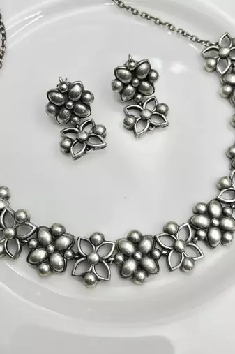 Oxidized Silver Floral Choker Set | Boho Statement Necklace & Earrings