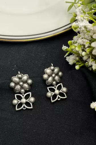 Oxidized Silver Floral Choker Set | Boho Statement Necklace & Earrings