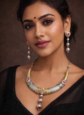 Dual Tone Hasli Necklace Set | Oxidized Silver Boho Collar Choker 1