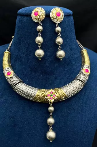 Dual Tone Hasli Necklace Set | Oxidized Silver Boho Collar Choker