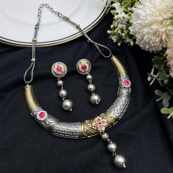 Dual Tone Hasli Necklace Set | Oxidized Silver Boho Collar Choker 3
