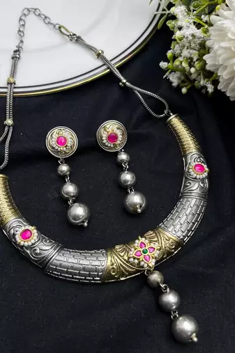 Dual Tone Hasli Necklace Set | Oxidized Silver Boho Collar Choker