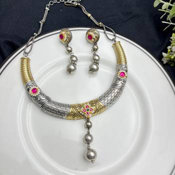 Dual Tone Hasli Necklace Set | Oxidized Silver Boho Collar Choker 4