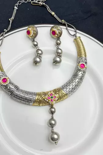 Dual Tone Hasli Necklace Set | Oxidized Silver Boho Collar Choker