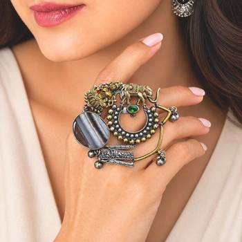 Oxidized Statement Finger Ring, Tribal Elephant Lion Adjustable Ring 1