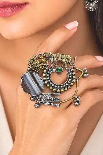 Oxidized Statement Finger Ring, Tribal Elephant Lion Adjustable Ring