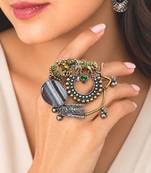 Oxidized Statement Finger Ring, Tribal Elephant Lion Adjustable Ring