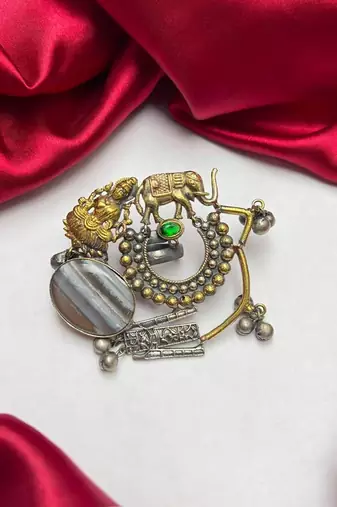Oxidized Statement Finger Ring, Tribal Elephant Lion Adjustable Ring