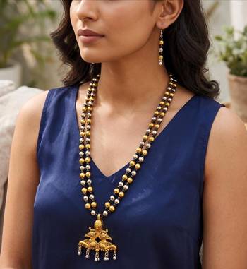Traditional Indian Two Layer Moti Mala with Peacock Pendant, Ethnic Statement Jewelry with Earrings 1