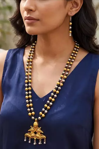Traditional Indian Two Layer Moti Mala with Peacock Pendant, Ethnic Statement Jewelry with Earrings
