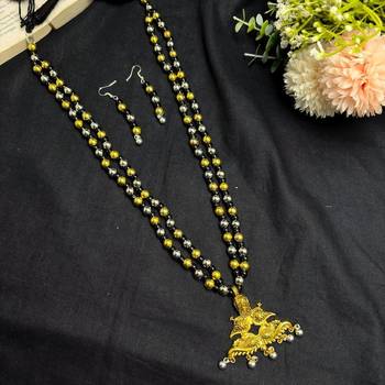Traditional Indian Two Layer Moti Mala with Peacock Pendant, Ethnic Statement Jewelry with Earrings 2