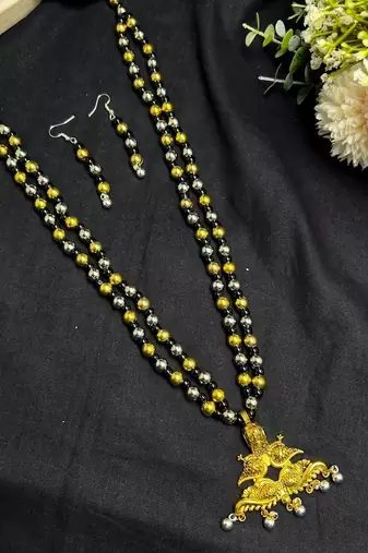 Traditional Indian Two Layer Moti Mala with Peacock Pendant, Ethnic Statement Jewelry with Earrings
