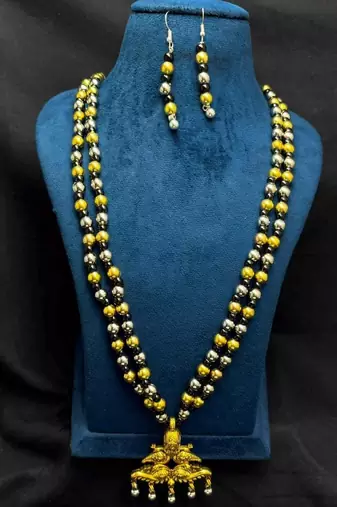 Traditional Indian Two Layer Moti Mala with Peacock Pendant, Ethnic Statement Jewelry with Earrings