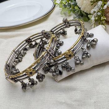 Dual Tone Oxidized Silver Anklets with Ghungroo Bells | Tribal Indian Payal, Boho Rigid Bracelet 2