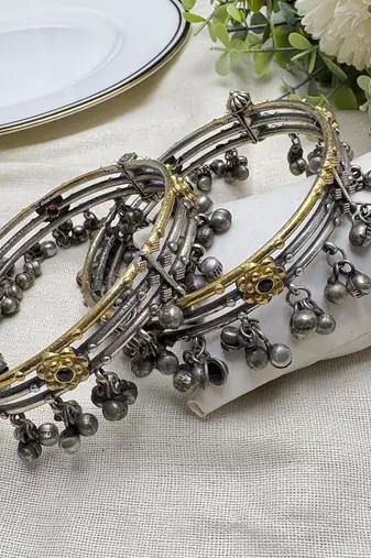 Dual Tone Oxidized Silver Anklets with Ghungroo Bells | Tribal Indian Payal, Boho Rigid Bracelet