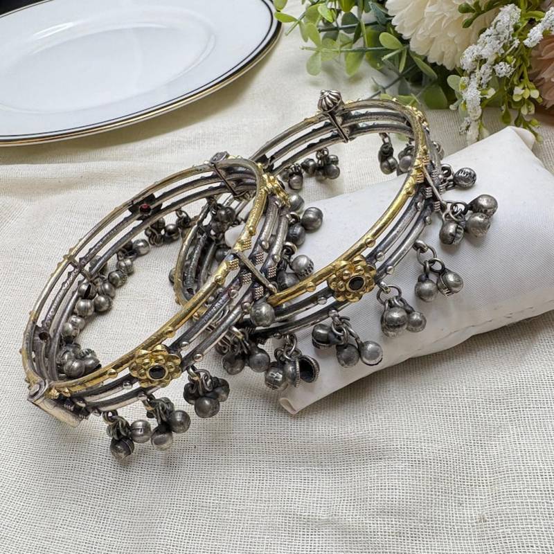Dual Tone Oxidized Silver Anklets with Ghungroo Bells | Tribal Indian Payal, Boho Rigid Bracelet