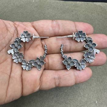 Oxidized Silver Flower Hoop Earrings, Sterling Silver Floral Wreath Hoops 2