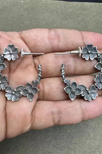 Oxidized Silver Flower Hoop Earrings, Sterling Silver Floral Wreath Hoops