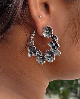 Oxidized Silver Flower Hoop Earrings, Sterling Silver Floral Wreath Hoops 3