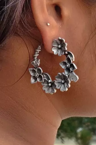 Oxidized Silver Flower Hoop Earrings, Sterling Silver Floral Wreath Hoops