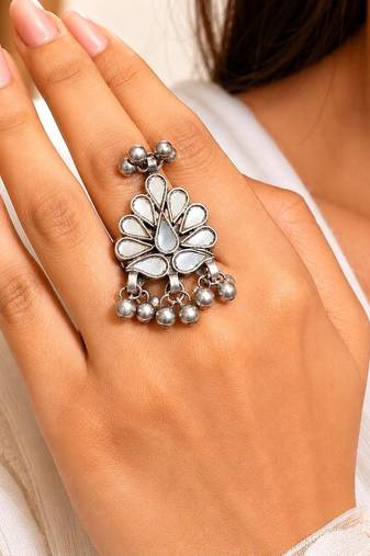 Oxidized Mirror Statement Ring, Adjustable Boho Tribal Ring, German Silver Peacock Ring