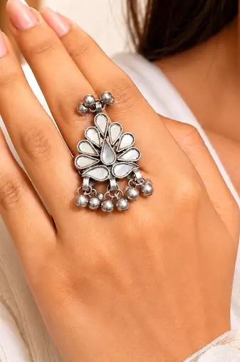 Oxidized Mirror Statement Ring, Adjustable Boho Tribal Ring, German Silver Peacock Ring