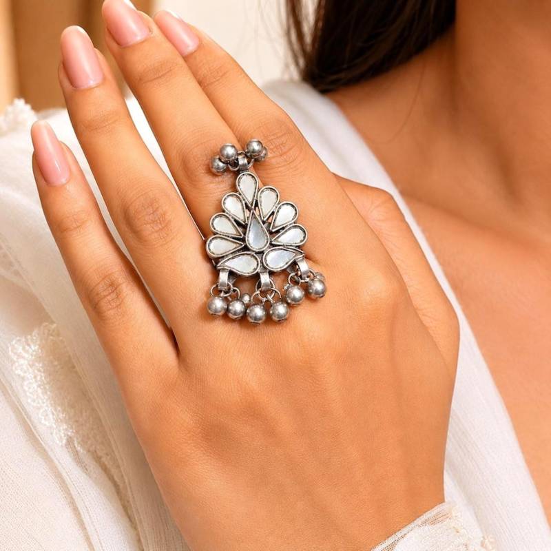 Oxidized Mirror Statement Ring, Adjustable Boho Tribal Ring, German Silver Peacock Ring
