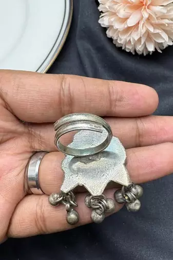 Oxidized Mirror Statement Ring, Adjustable Boho Tribal Ring, German Silver Peacock Ring