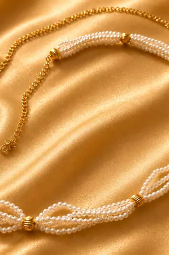 Multi-Strand Pearl Kamarband Waist Chain for Women with Golden Bead Detailing