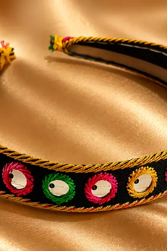 Kutchi Foil Mirror Embroidered Ethnic Headband for Women 2cm Hair Band Hairband Hair Accessory for Navratri Diwali