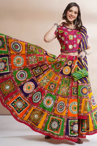 Women's Traditional Cotton Chaniya Choli Set with Dupatta  Free Size (upto 42)