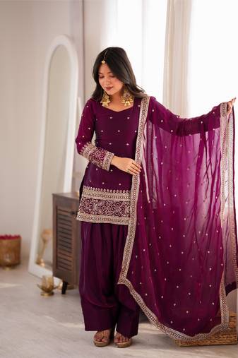 Women's Beautiful Embroidery Work Frendy Silk Fabric Straight Kurta Shalwar and Dupatta Set