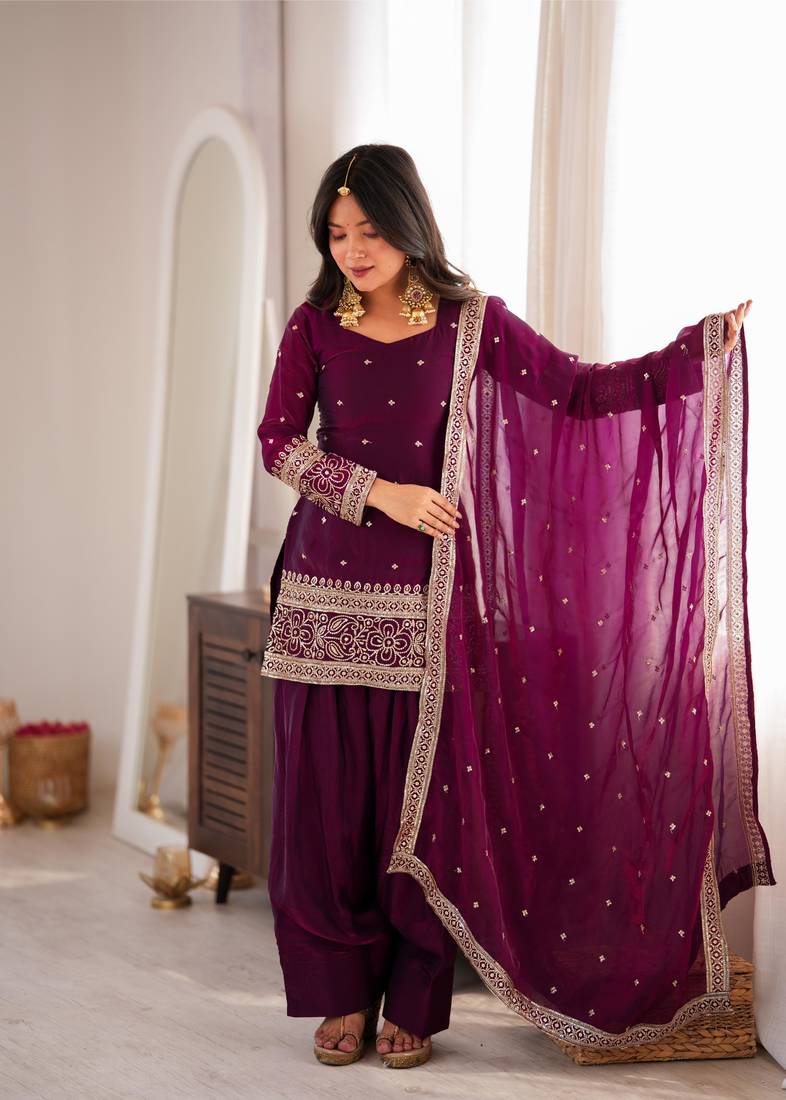 Women's Beautiful Embroidery Work Frendy Silk Fabric Straight Kurta Shalwar and Dupatta Set