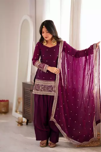Women's Beautiful Embroidery Work Frendy Silk Fabric Straight Kurta Shalwar and Dupatta Set