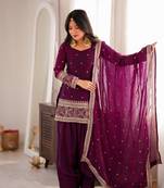 Women's Beautiful Embroidery Work Frendy Silk Fabric Straight Kurta Shalwar and Dupatta Set