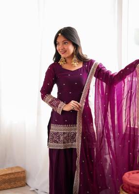 Women's Beautiful Embroidery Work Frendy Silk Fabric Straight Kurta Shalwar and Dupatta Set 2