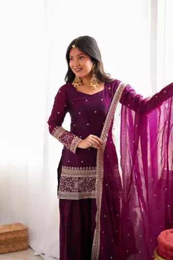 Women's Beautiful Embroidery Work Frendy Silk Fabric Straight Kurta Shalwar and Dupatta Set