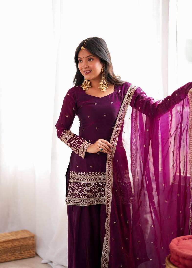 Women's Beautiful Embroidery Work Frendy Silk Fabric Straight Kurta Shalwar and Dupatta Set