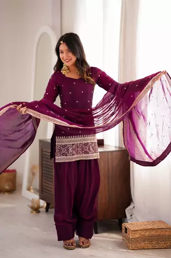 Women's Beautiful Embroidery Work Frendy Silk Fabric Straight Kurta Shalwar and Dupatta Set