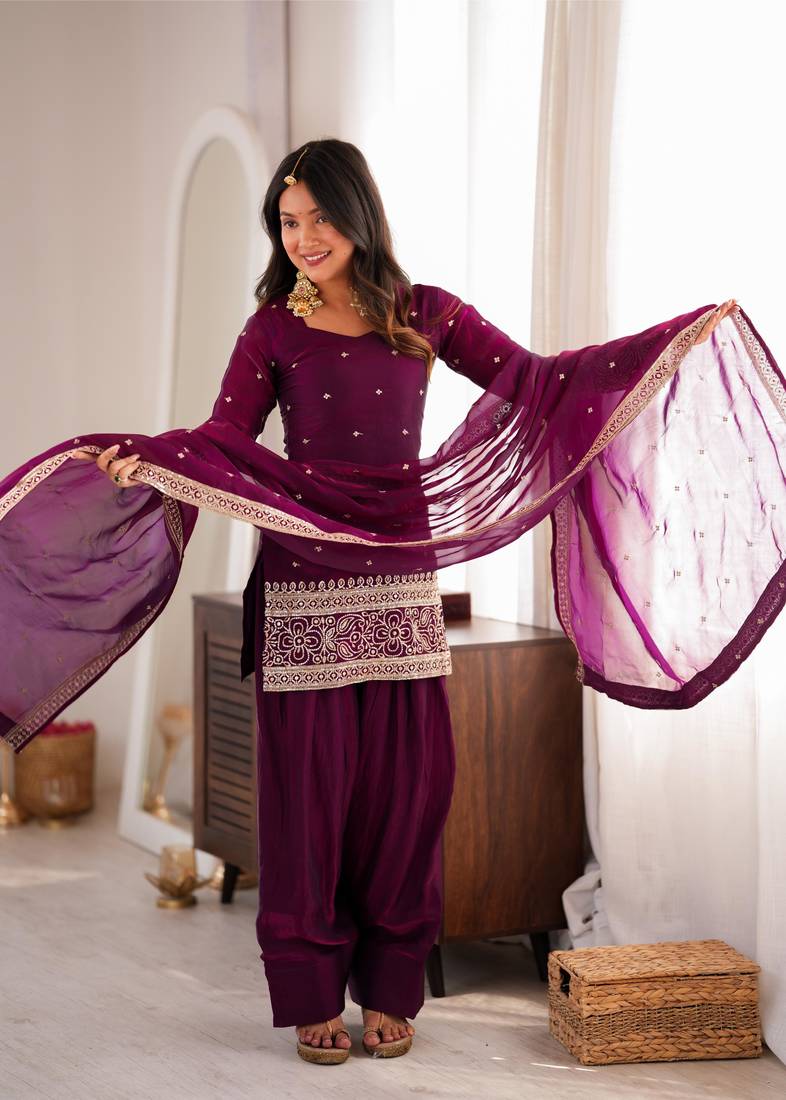 Women's Beautiful Embroidery Work Frendy Silk Fabric Straight Kurta Shalwar and Dupatta Set