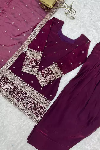 Women's Beautiful Embroidery Work Frendy Silk Fabric Straight Kurta Shalwar and Dupatta Set