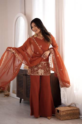  Embroidery Work Crunchy Silk Fabric Straight Kurta Pant and Dupatta Set
