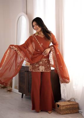 Embroidery Work Crunchy Silk Fabric Straight Kurta Pant and Dupatta Set 1